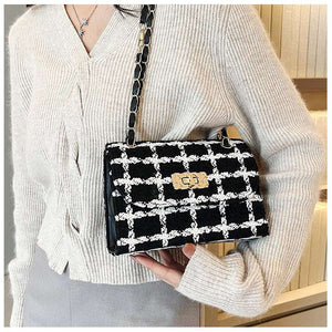 Fashionable woolen PU one shoulder bag with chain detail and compact structured silhouette for modern styling