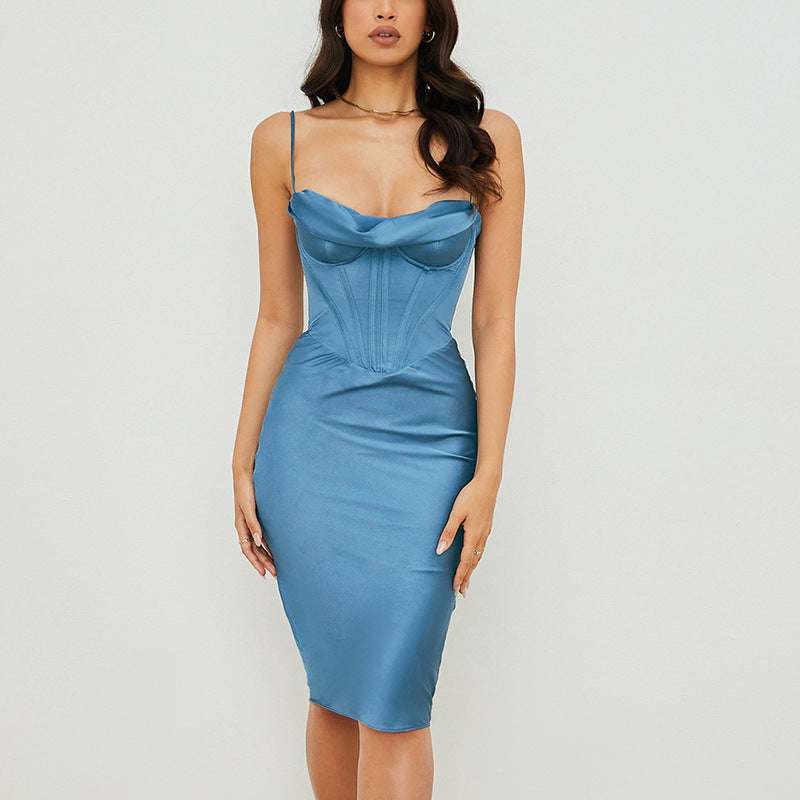 Satin fishbone pleated suspender dress for women