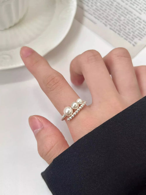 925 sterling silver triple pearl bypass ring with beaded detail
