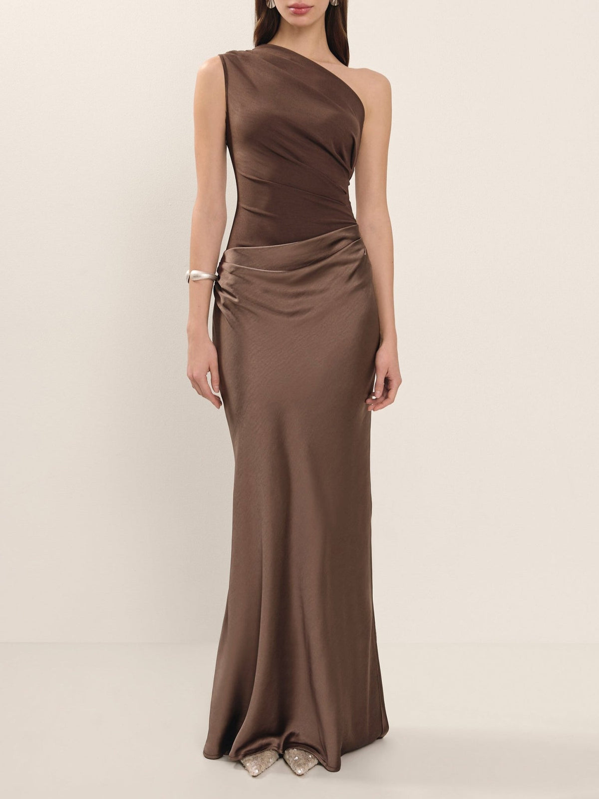 Elegant brown satin formal dress with asymmetric one shoulder neckline and tailored fit