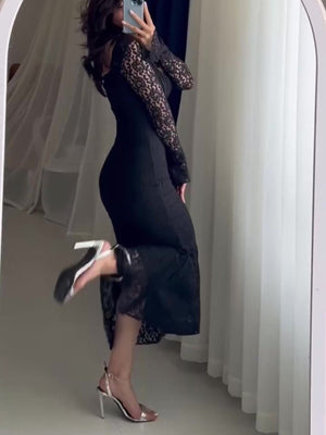 Stylish black square neck bodycon dress with elegant lace panels for parties and nights out