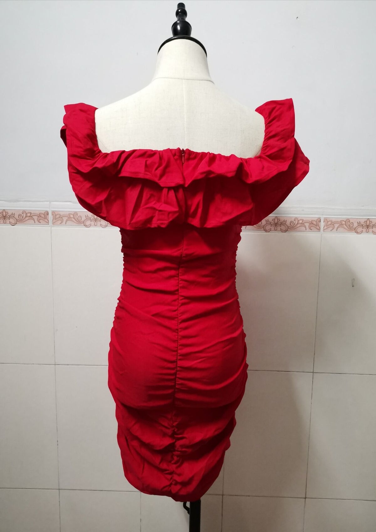 Women's Off Shoulder Ruched Ruffled Bodycon Dress