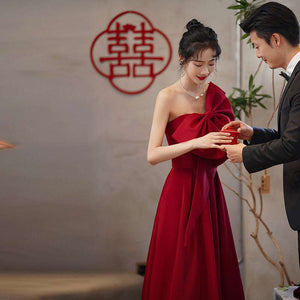 Satin Burgundy Engagement Evening Dress 