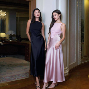 Satin sleeveless dress for women with smooth glossy finish