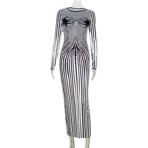 women’s striped long-sleeve bodycon dress