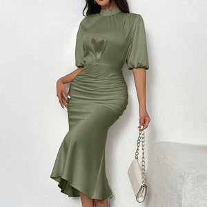 Short Sleeve Ruched Midi Elegant Party Dress