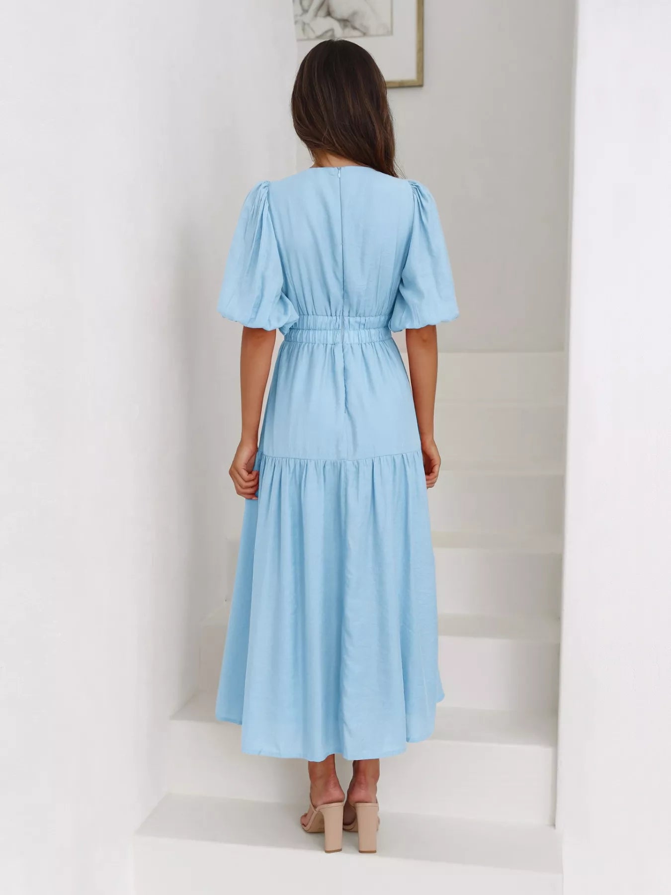 Textured white surplice short sleeve midi dress