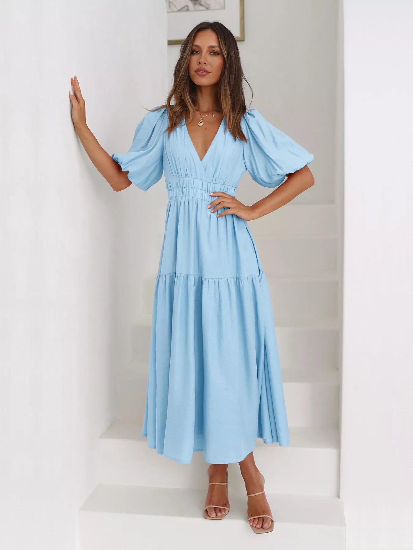 Textured white surplice short sleeve midi dress