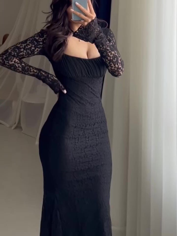 Stylish black square neck bodycon dress with elegant lace panels for parties and nights out