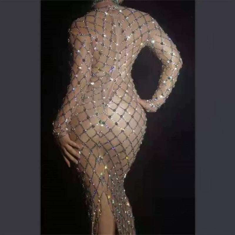 Crystals hollow out see-through bodycon dress with sparkling crystal detailing and figure-hugging silhouette for glamorous evening wear