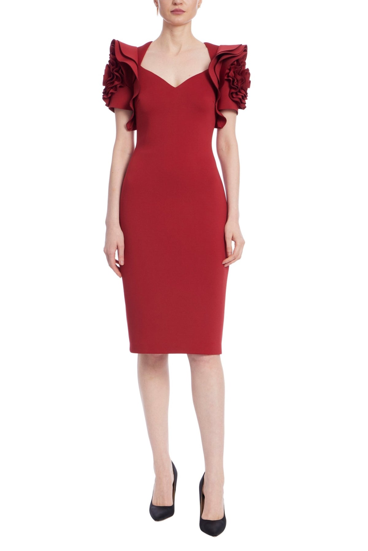Badgley Mischka V-Neck Ruffled Rosette Sleeves Midi Sheath Dress-4