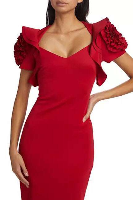 Badgley Mischka V-Neck Ruffled Rosette Sleeves Midi Sheath Dress-2