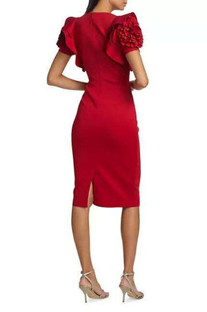 Badgley Mischka V-Neck Ruffled Rosette Sleeves Midi Sheath Dress-1