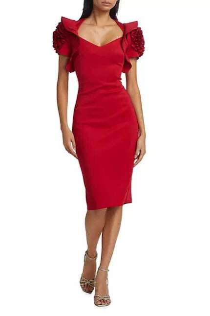Badgley Mischka V-Neck Ruffled Rosette Sleeves Midi Sheath Dress-0