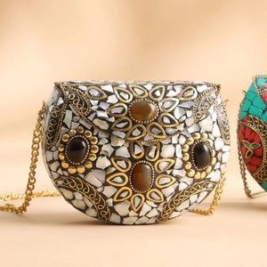 Brass handcrafted mosaic compact sling bag featuring intricate geometric inlay design, vintage-inspired metal finish, adjustable chain strap, and elegant artisan detailing for stylish everyday or evening wear