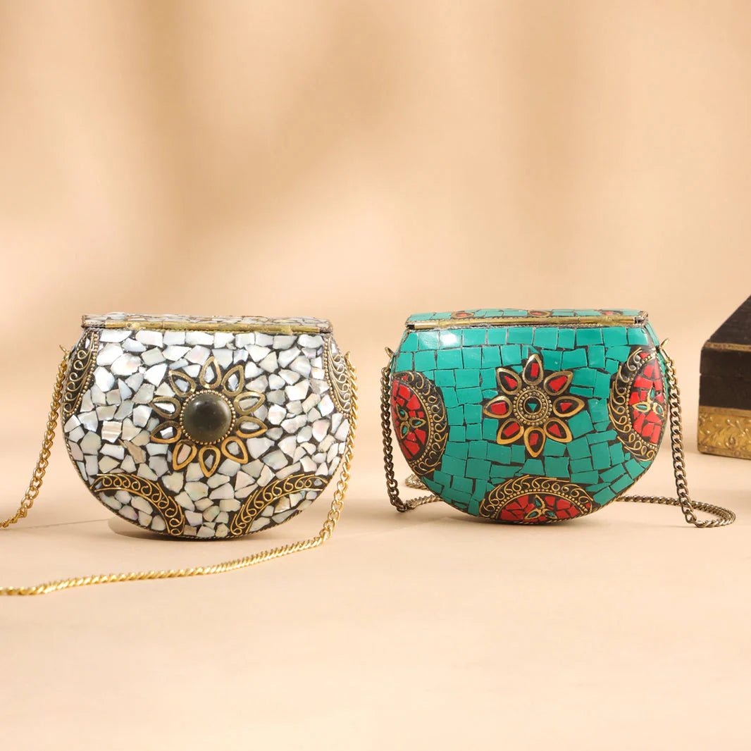 Brass handcrafted mosaic compact sling bag featuring intricate geometric inlay design, vintage-inspired metal finish, adjustable chain strap, and elegant artisan detailing for stylish everyday or evening wear