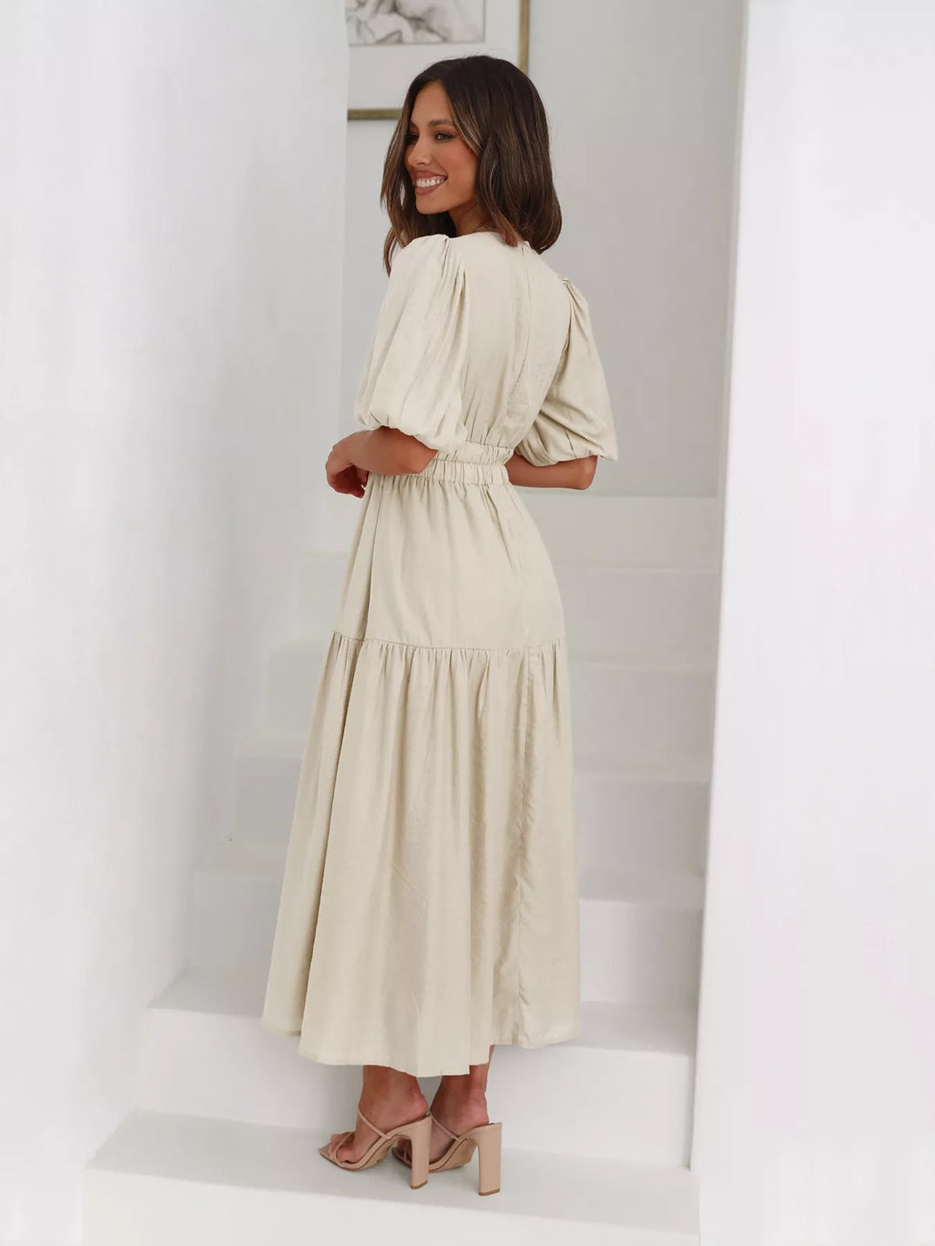Textured white surplice short sleeve midi dress