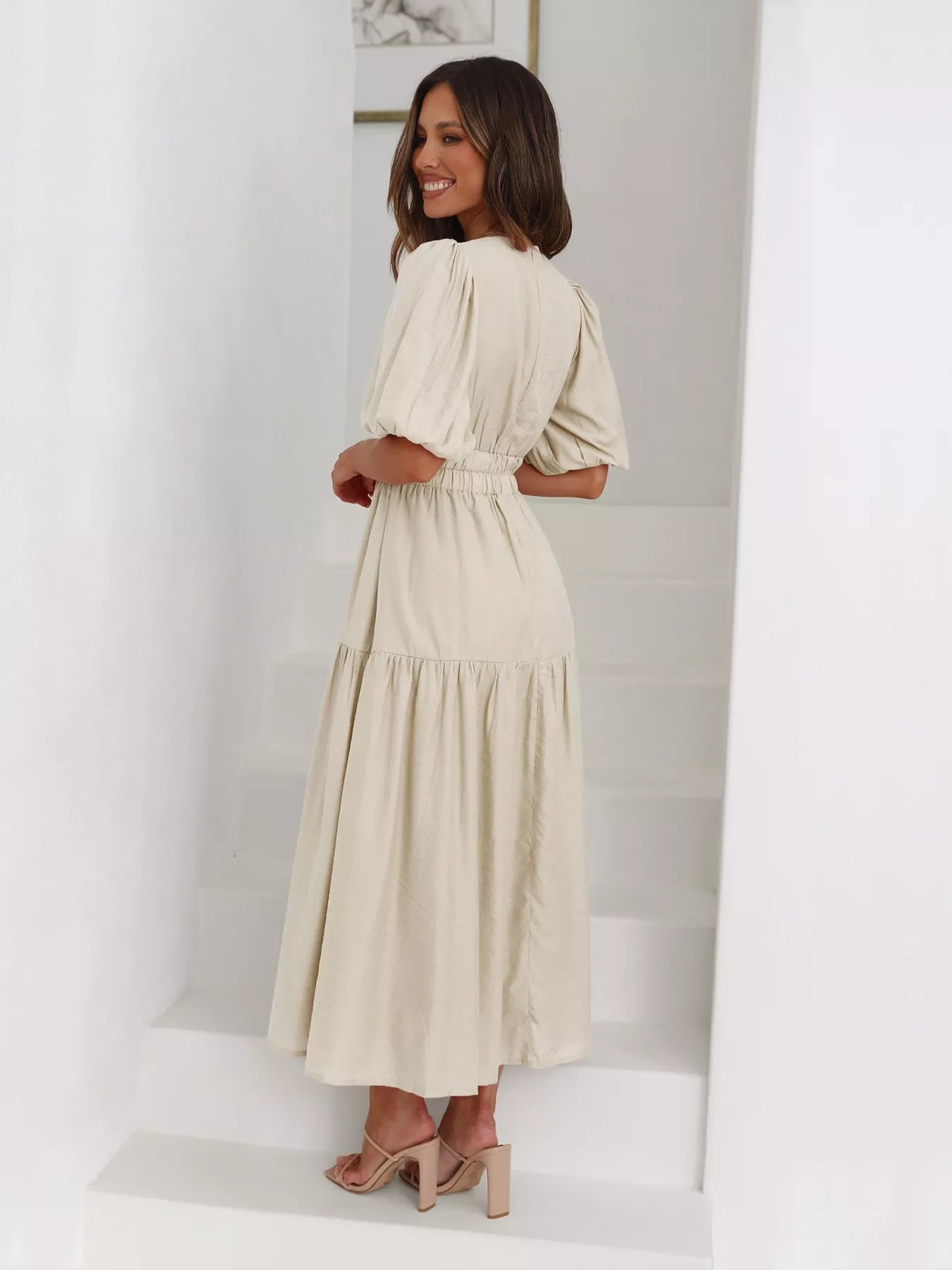 Textured white surplice short sleeve midi dress