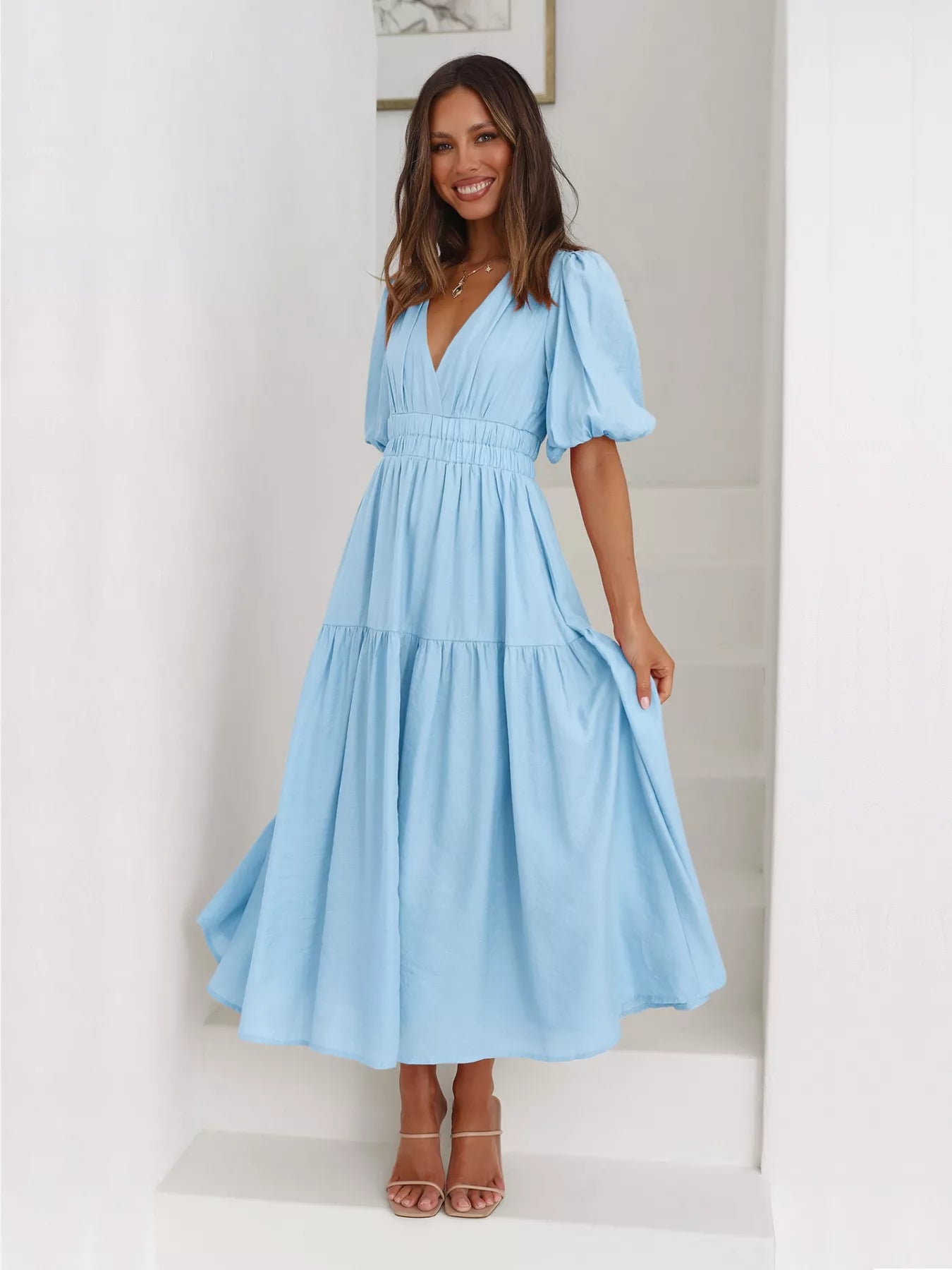 Textured white surplice short sleeve midi dress