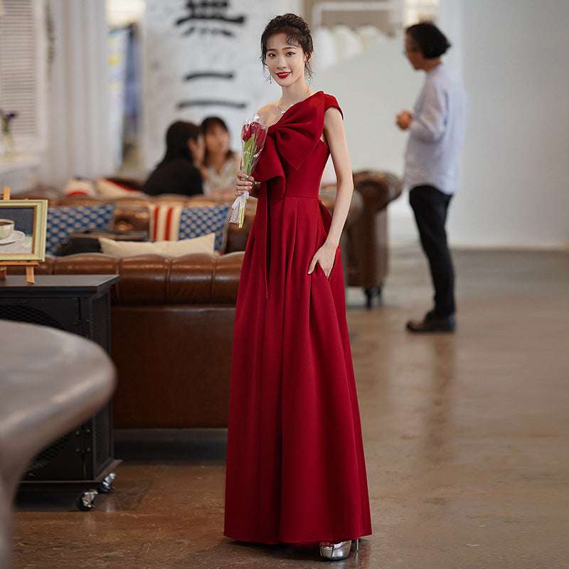 Satin Burgundy Engagement Evening Dress 