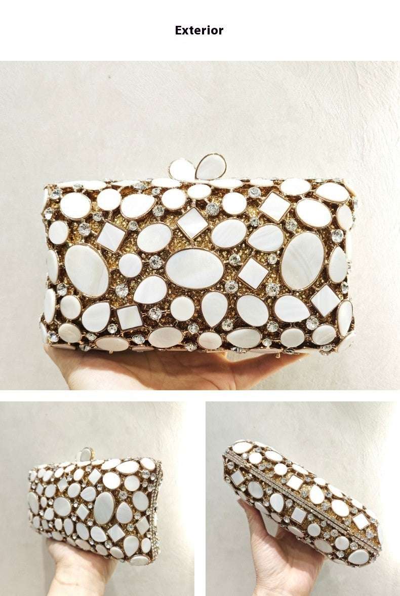 Gold shell clutch handbag embellished with full diamond crystal detailing
