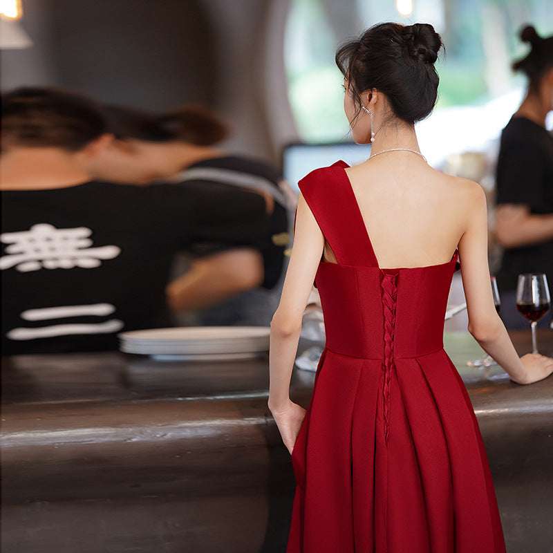 Satin Burgundy Engagement Evening Dress 