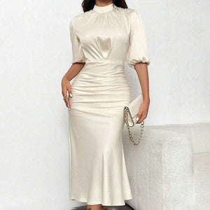 Short Sleeve Ruched Midi Elegant Party Dress