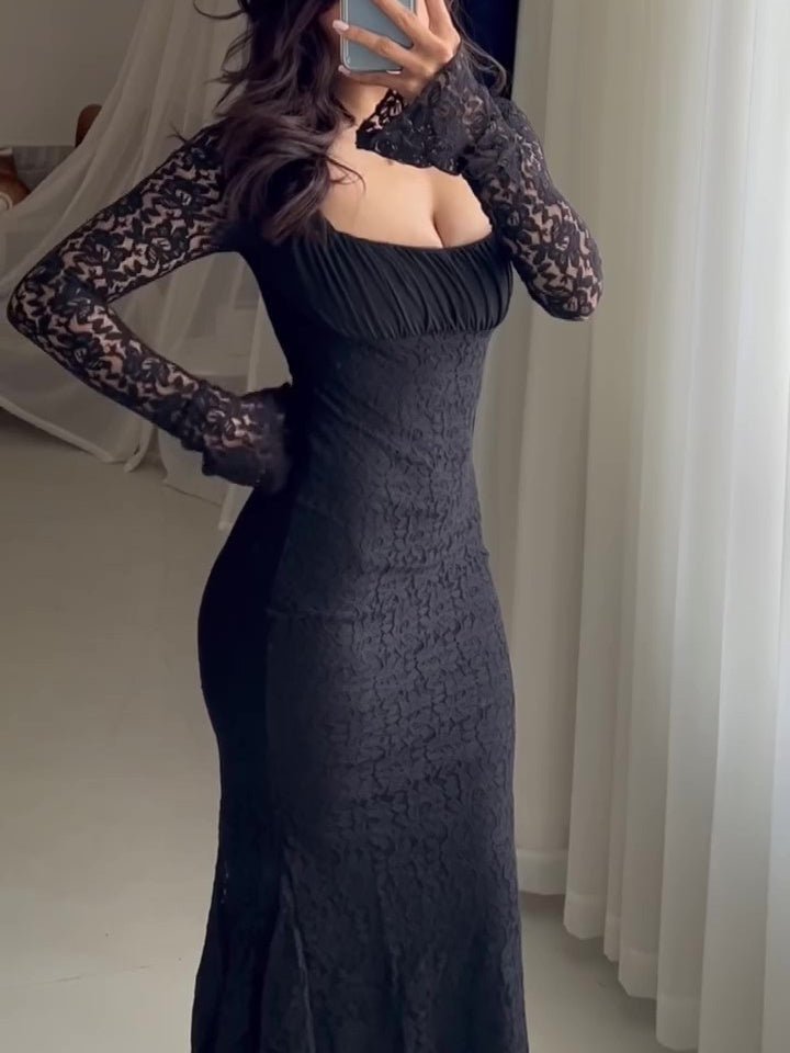 Stylish black square neck bodycon dress with elegant lace panels for parties and nights out