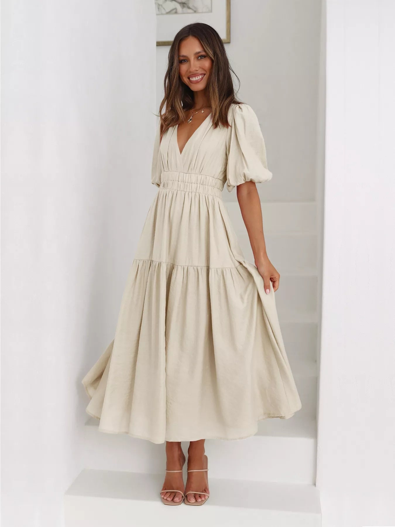 Textured white surplice short sleeve midi dress