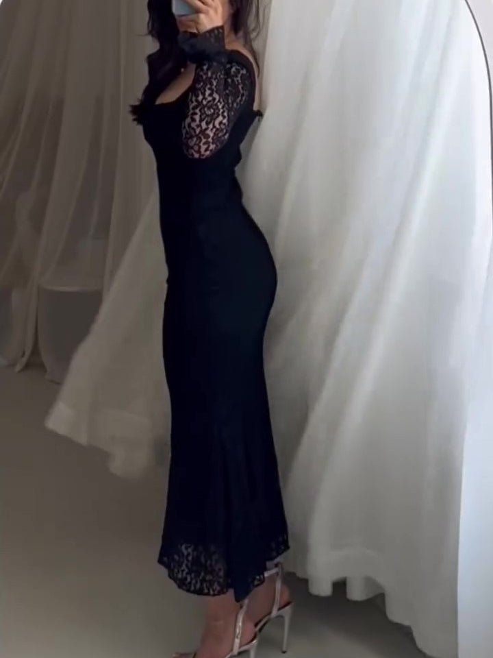 Stylish black square neck bodycon dress with elegant lace panels for parties and nights out