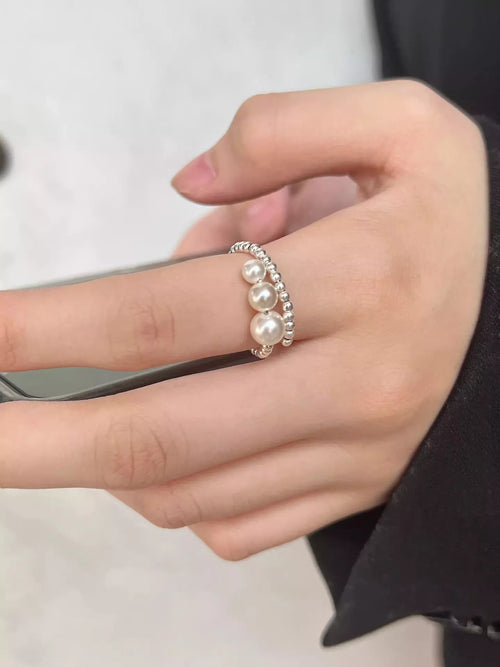 925 sterling silver triple pearl bypass ring with beaded detail