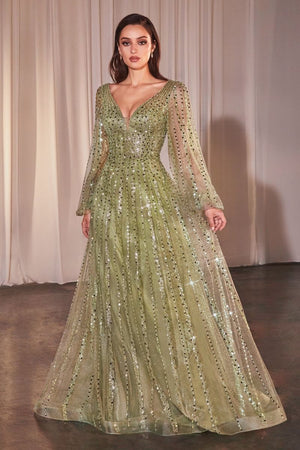Long sleeve beaded A-line dress for elegant evening wear