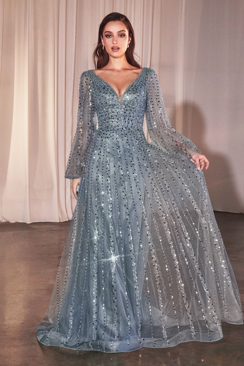 Long sleeve beaded A-line dress for elegant evening wear