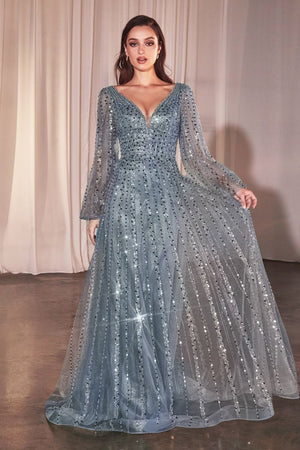 Long sleeve beaded A-line dress for elegant evening wear