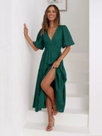 Textured white surplice short sleeve midi dress