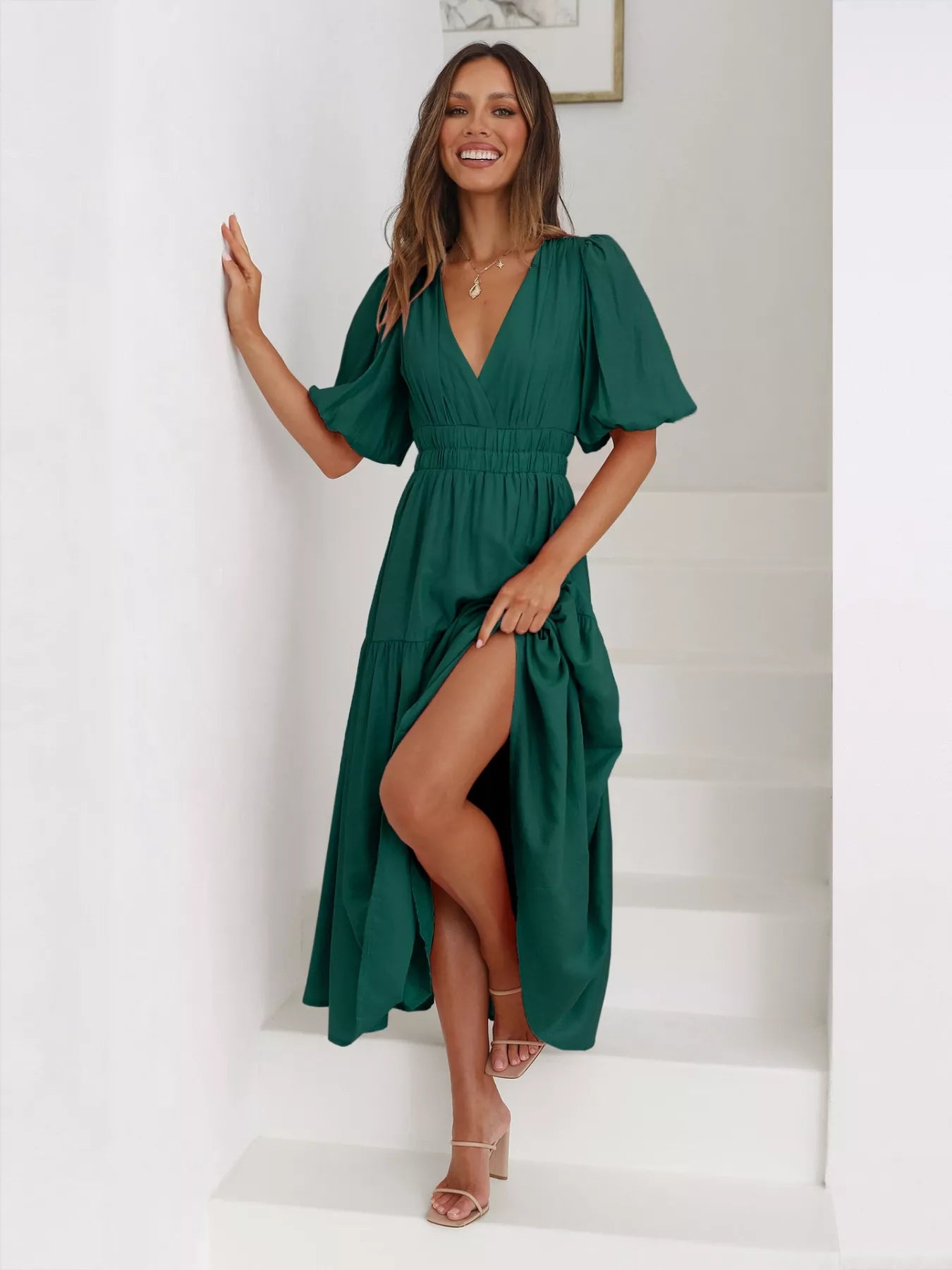 Textured white surplice short sleeve midi dress