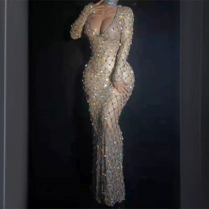 Crystals hollow out see-through bodycon dress with sparkling crystal detailing and figure-hugging silhouette for glamorous evening wear