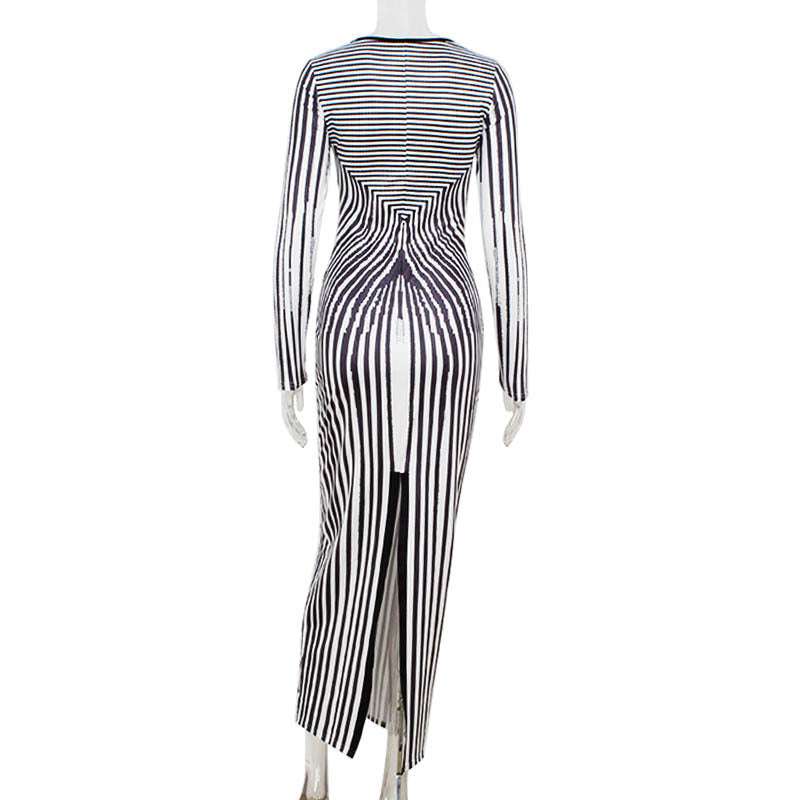 women’s striped long-sleeve bodycon dress