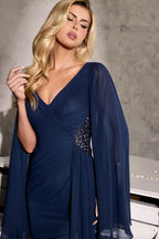 Dress with Draped V-Neck and long Cape-Style Sleeves-2