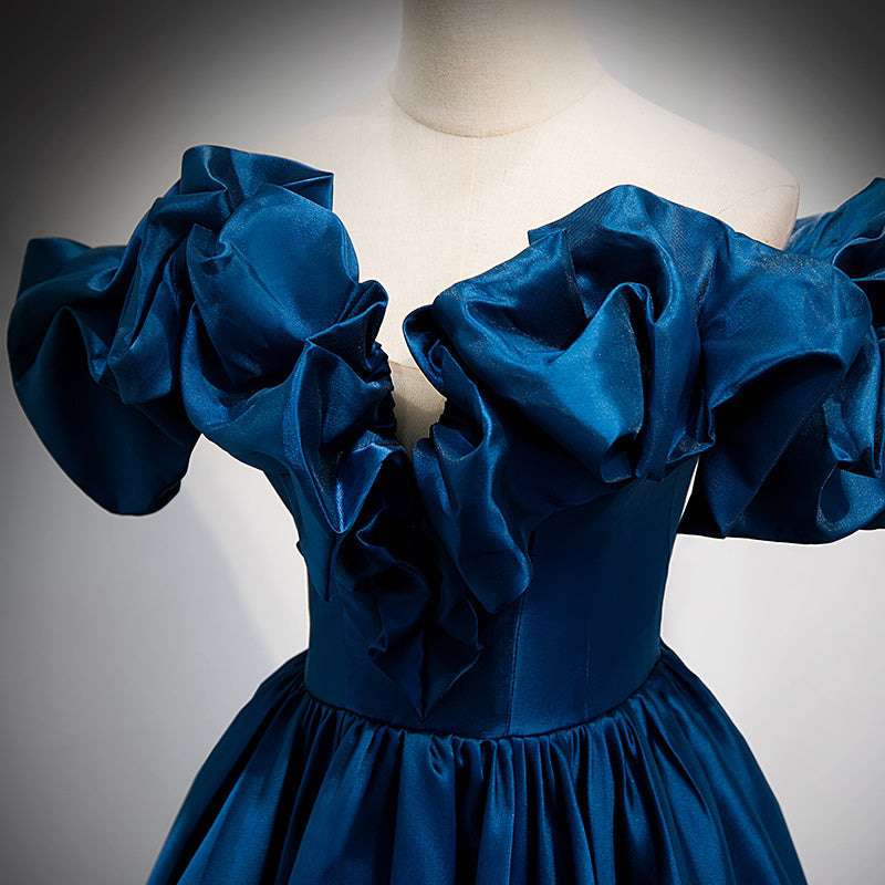 Luxurious blue satin evening dress with classic princess silhouette and radiant finish