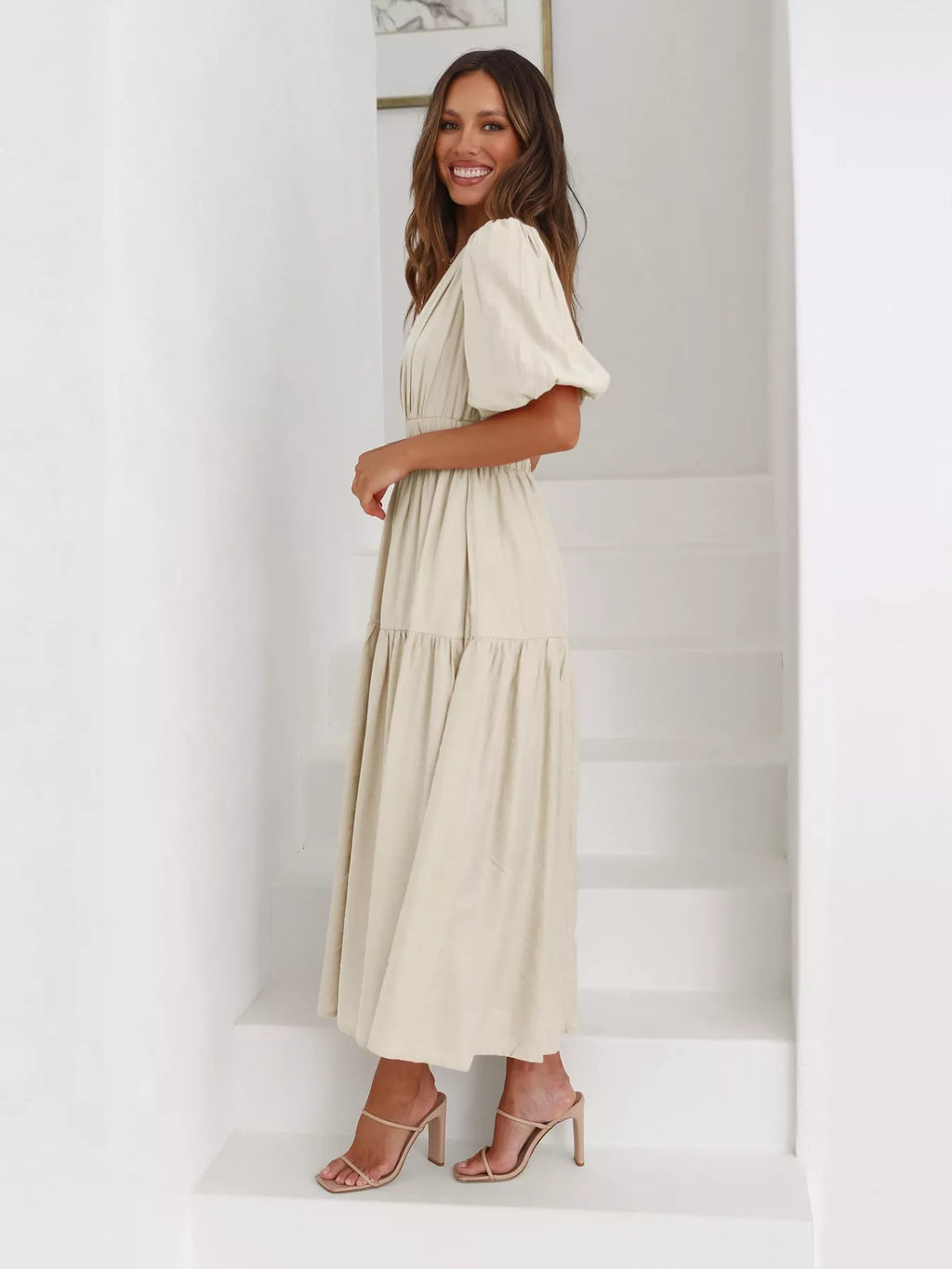Textured white surplice short sleeve midi dress