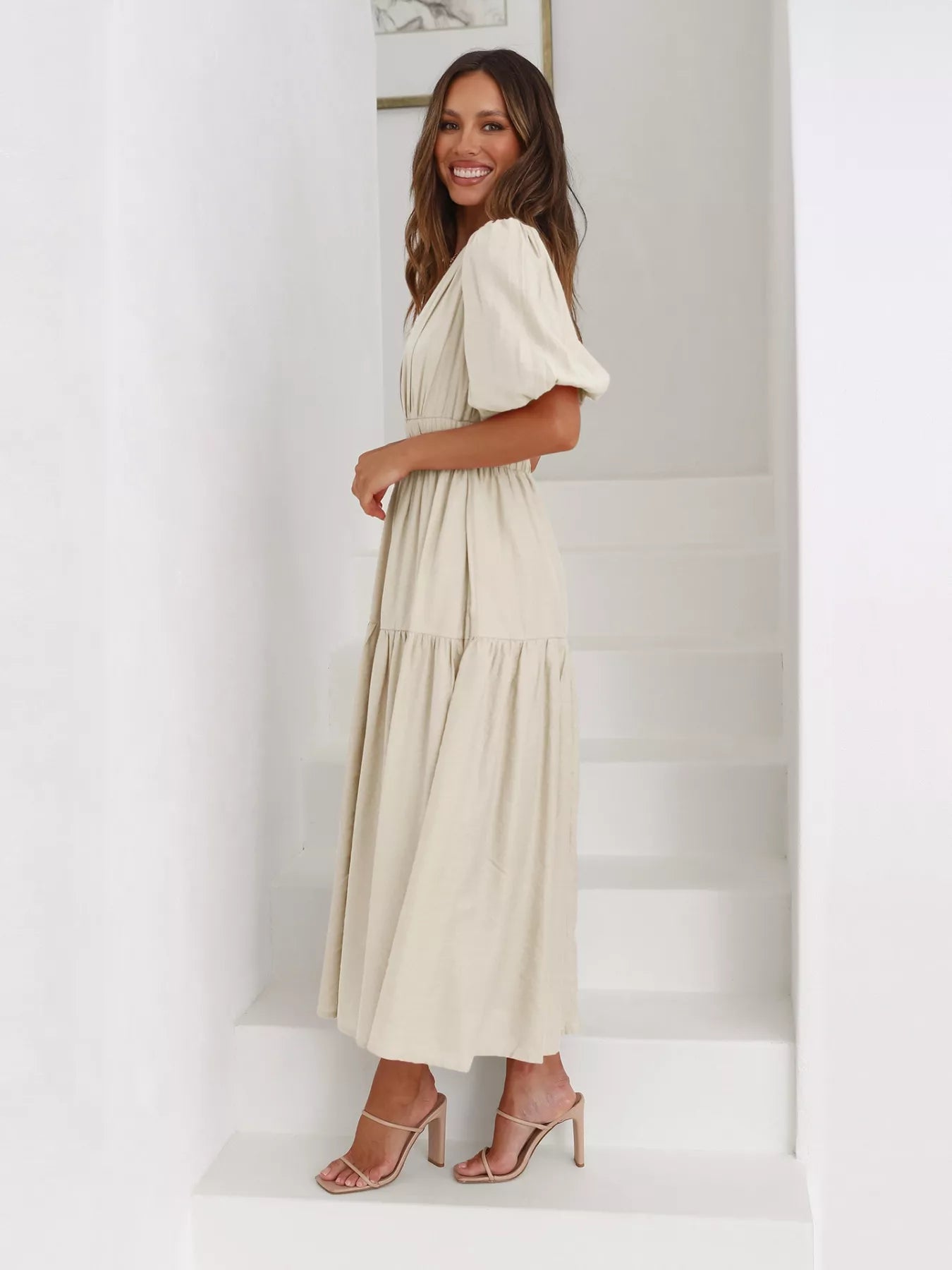Textured white surplice short sleeve midi dress