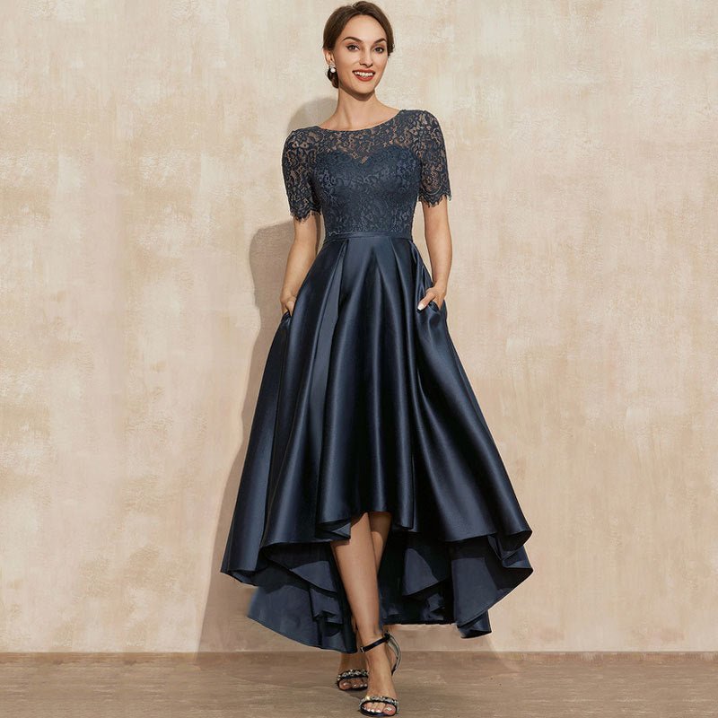 Womens navy blue short sleeve lace satin dress