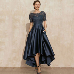 Womens navy blue short sleeve lace satin dress