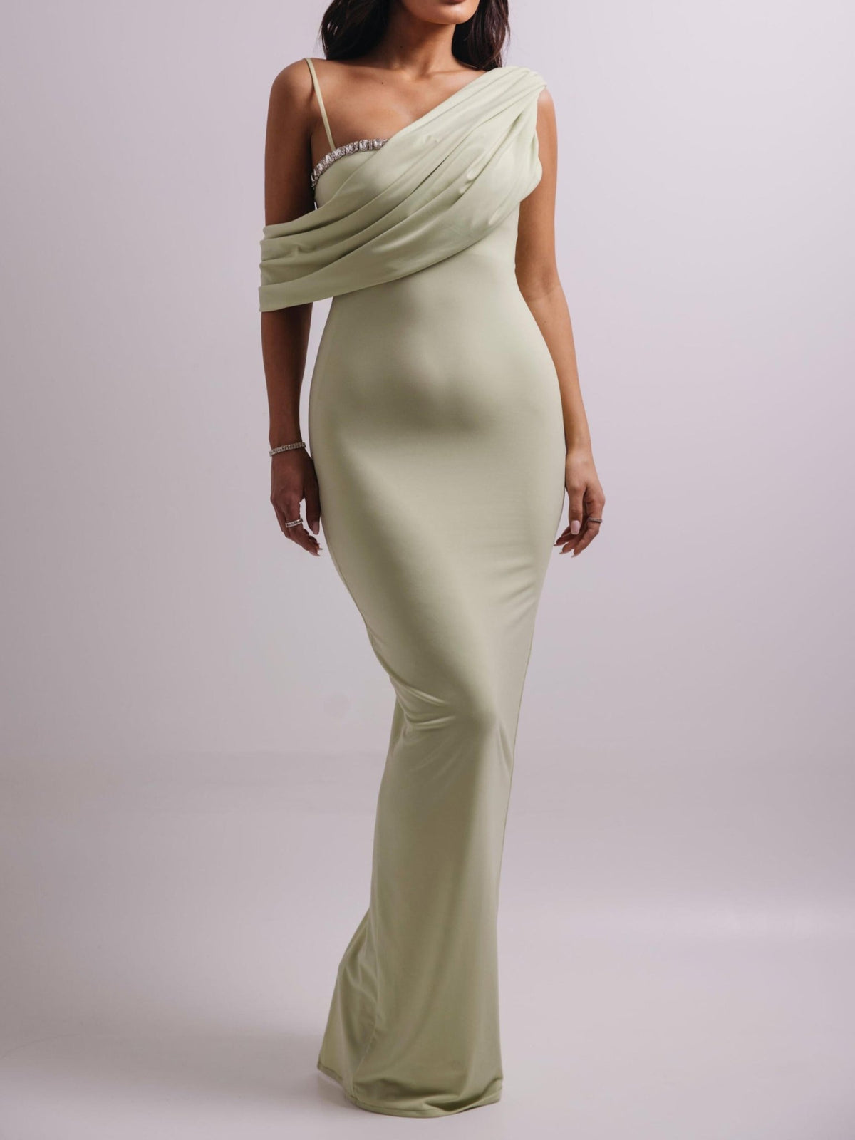 Light green off-the-shoulder rhinestone bodycon dress for women