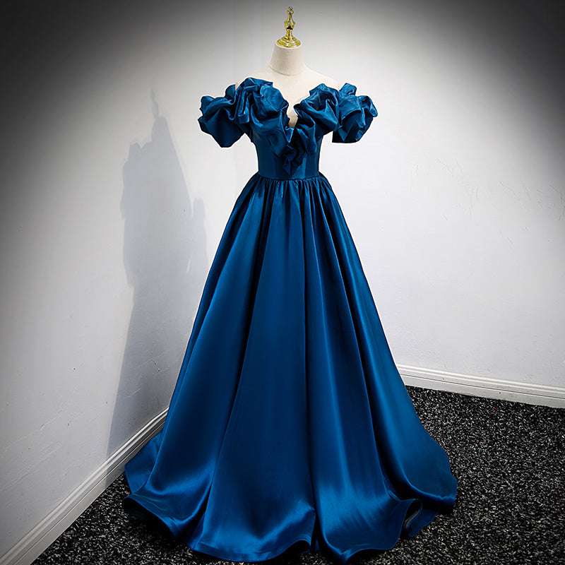 Luxurious blue satin evening dress with classic princess silhouette and radiant finish