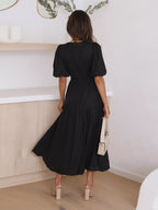 Textured white surplice short sleeve midi dress