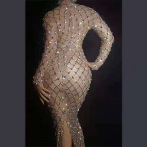 Crystals hollow out see-through bodycon dress with sparkling crystal detailing and figure-hugging silhouette for glamorous evening wear