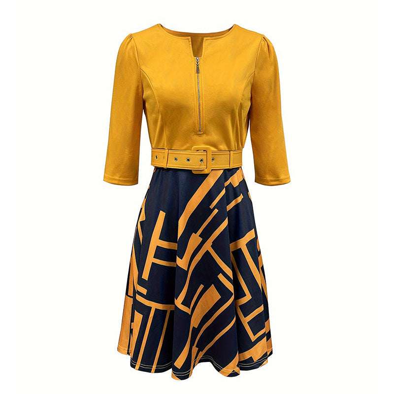 Women’s geometric print midi dress featuring flattering A-line shape