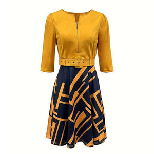 Women’s geometric print midi dress featuring flattering A-line shape